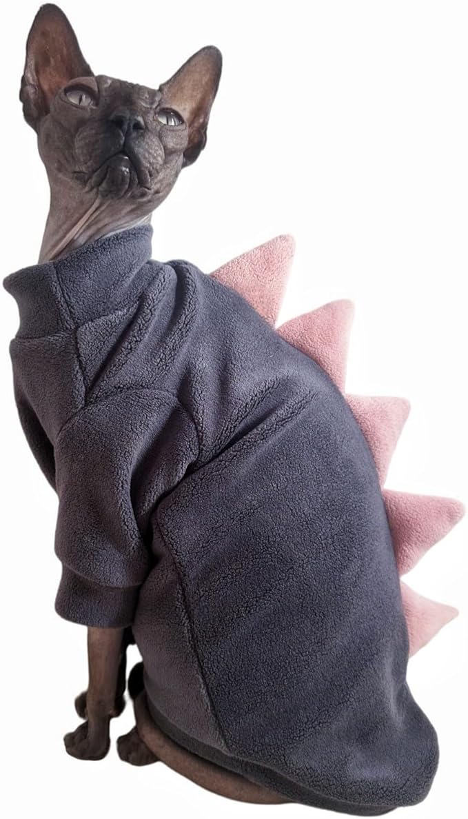 Dinosaur Sphynx Cat Clothes, Soft Polar Fleece Sweater for Cat, Elastic Pet Clothes Thick Winter Warm Outfit for Hairless Cat, Devon, Cornish, Small Dogs Apparel with Sleeves (Grey, Large)