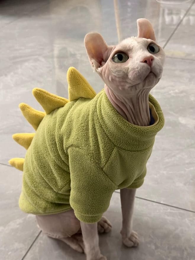 Dinosaur Sphynx Cat Clothes, Soft Polar Fleece Sweater for Cat, Elastic Pet Clothes Thick Winter Warm Outfit for Hairless Cat, Devon, Cornish, Small Dogs Apparel with Sleeves (Green, Small)