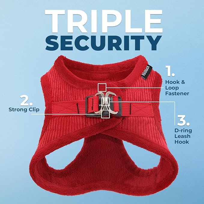 Best Pet Supplies - All Weather Plush, Reflective, No Pull Harness for Small, Medium Dogs, Cats - Secure with Hook & Loop Fastener, Buckle, Double D-Rings - Red Corduroy, XL