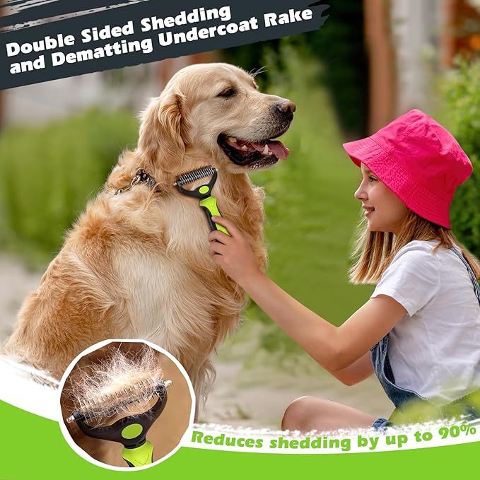 3PCS Self Cleaning Slicker Brush & Pet Grooming Rake & Bath Brush for Dogs,Cats and Horses | Double-Sided Dematting Comb & Skin Friendly Deshedding Grooming Tool | Premium Pet Supplies(Green Black)