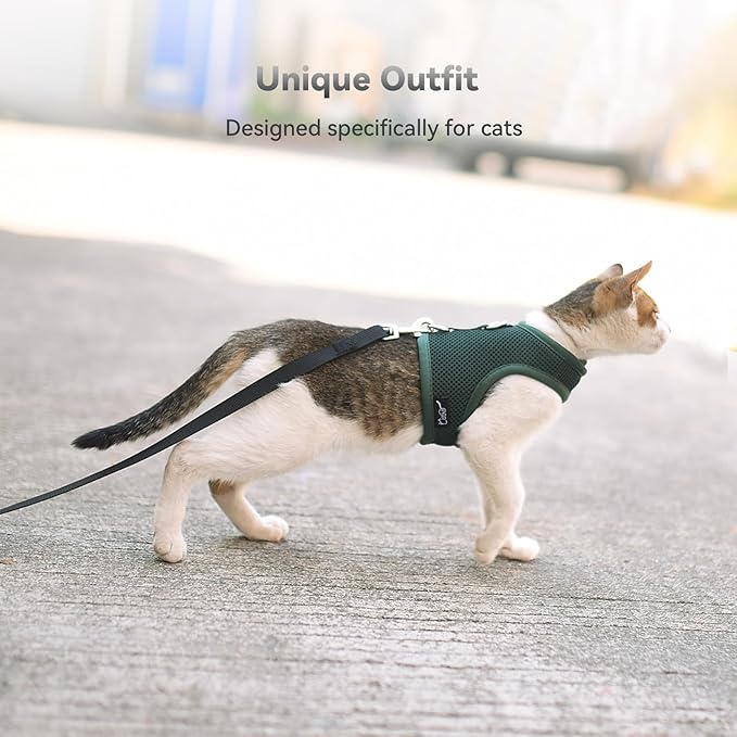 Cat Harness and Leash for Walking Escape Proof Breathable Mesh Fabric, Solid Green, Extra Large, Adjustable Cat Walking Jackets, Padded Stylish Cat Vest