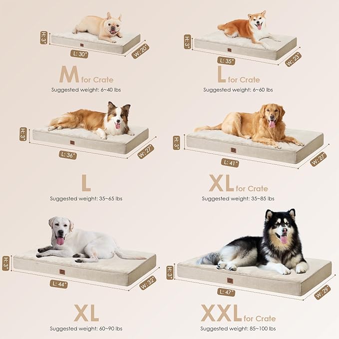 EHEYCIGA Waterproof Dog Bed Orthopedic 41"x27", Memory Foam Pet Bed for XLarged Dogs, Washable Pet Mat with Removable Cover, Beige