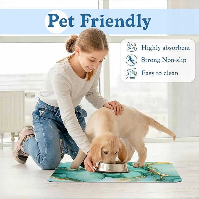 Green Marble Pet Feeding Mat for Floors–Christmas Stocking Absorbent Quick Dry Dog Cat Bowl Mat for Food and Water, Non Slip Waterproof Base, Mess-Free Feeding Accessories 16"x24"