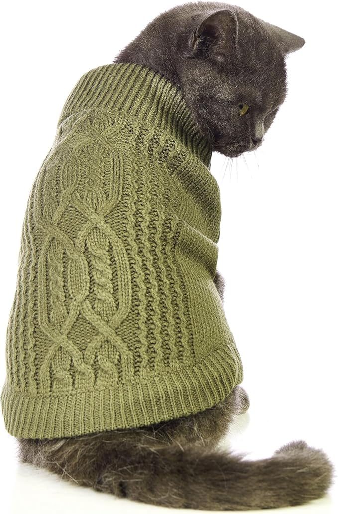 Stretchy Cat Sweater - 17 Colors & 6 Sizes | Snug Winter-Ready Knit for Boy/Girl Cats & Kittens (Olive Green, X-Small)