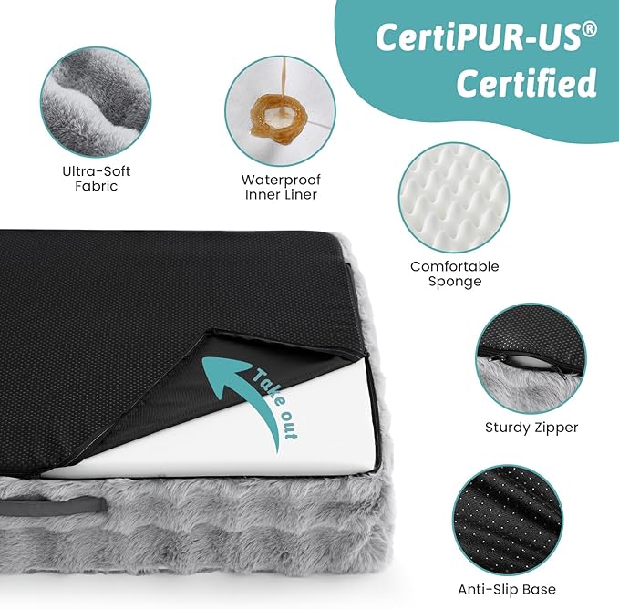 Faux Rabbit Fur Orthopedic Dog Bed, Dog Bed for Medium Size, Supportive Foam Pet Sofa with Waterproof Lining Cover, Washable U-Shaped Pet Couch with Anti-Slip Bottom, Grey M 30x20x6.5 inch