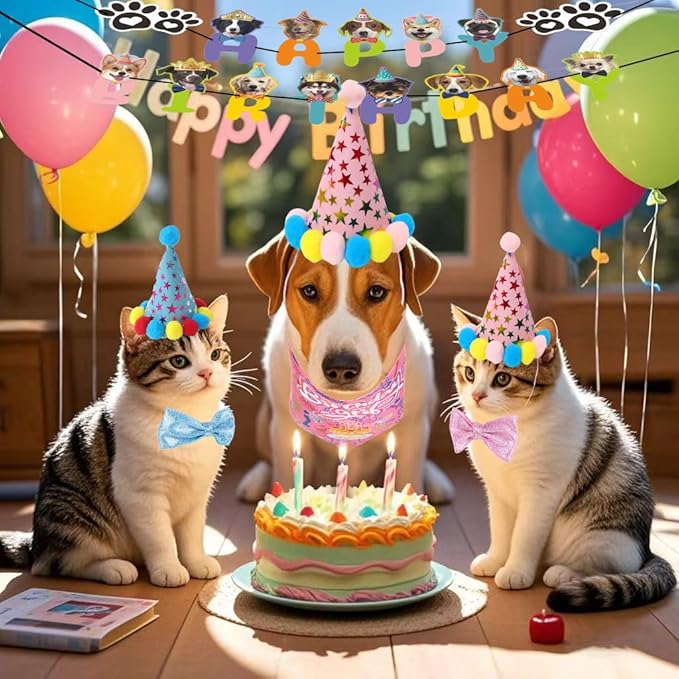 Happy Birthday Dog Party Supplies Kit - Dog Party Hat, Bandana, Bowtie & Happy Birthday Banner Decorations for Small Dogs, Puppy Birthday Outfit Accessories & Pet Birthday Party Decor (Blue)