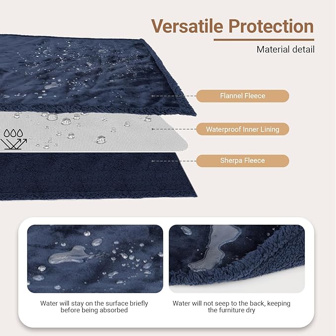 Waterproof Dog Blanket for Large Dogs - Reversible Washable Pet Blanket, Soft Sherpa Fleece Furniture Protector, Cat Throw Bed Couch, Navy,50"x60"