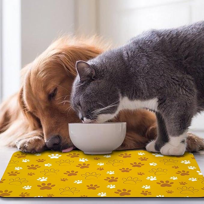 Dog Food Mat, Absorbent Water Bowl Mats Cat Pet Feeding Placemats Yellow 24 * 32 inch