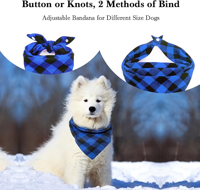 Christmas Plaid Bandana with Button, Fall Dual Layer Soft Cotton Triangle Dog Scarf Kerchief Washable Girl Boy Bandanas Adjustable Accessories for Small Medium Large Extra Large Puppy Pet