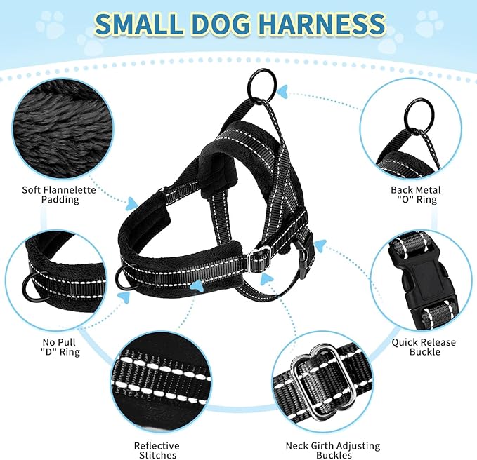 SlowTon No Pull Small Dog Harness and Leash Set, Puppy Soft Vest Harness Neck & Chest Adjustable, Reflective Lightweight Harness & Anti-Twist Pet Lead Combo for Small Medium Dogs (Black, XXS)