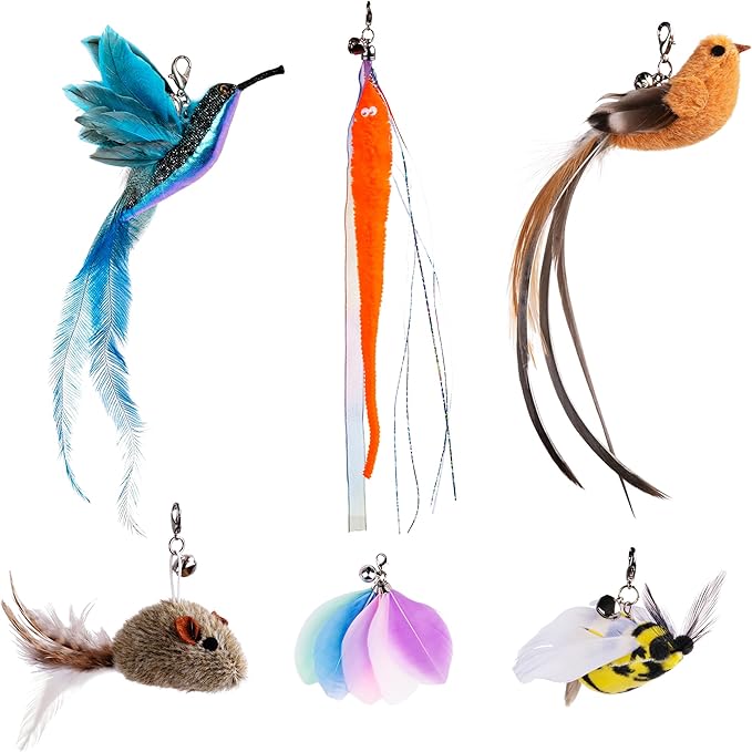 JXFUKAL Cat Feather Toy Refills, 6Pcs Simulation Bird Mouse Bee Worm Feather Cat Lures Wand Attachment Replacement for Kitty Kitten Indoor Cats Accessories