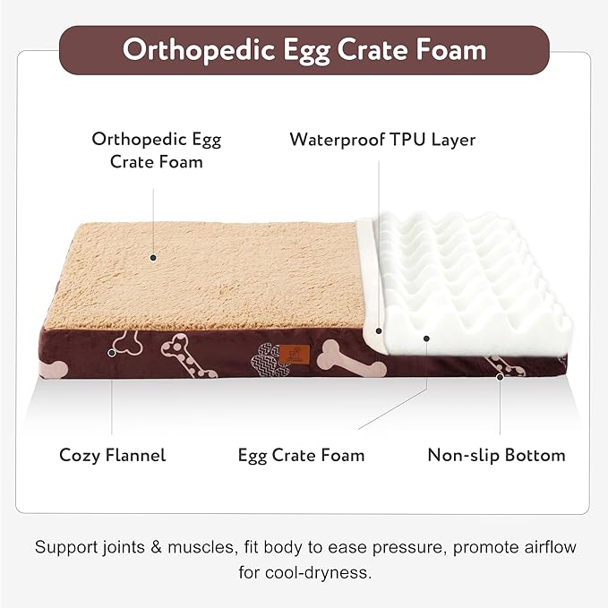 Waterproof Orthopedic Dog Bed for Large Medium Sized Dogs 35x22 Inch - Egg Crate Foam Pet Crate Bed with Removable Washable Cover, Plush Top Anti-Slip Bed Mat, Chocolate