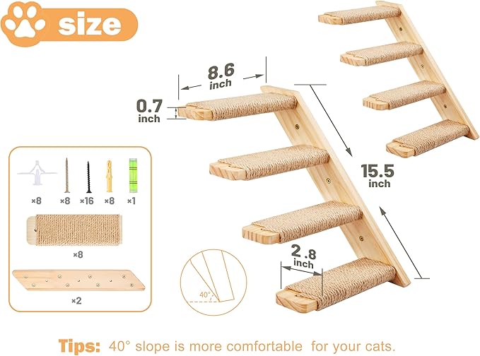 Cat Wall Shelves & Stairs - 2PCS Cat Furniture with 2PCS 4 Steps Climbing Shelves & Scratching Perches for Sleeping, Playing