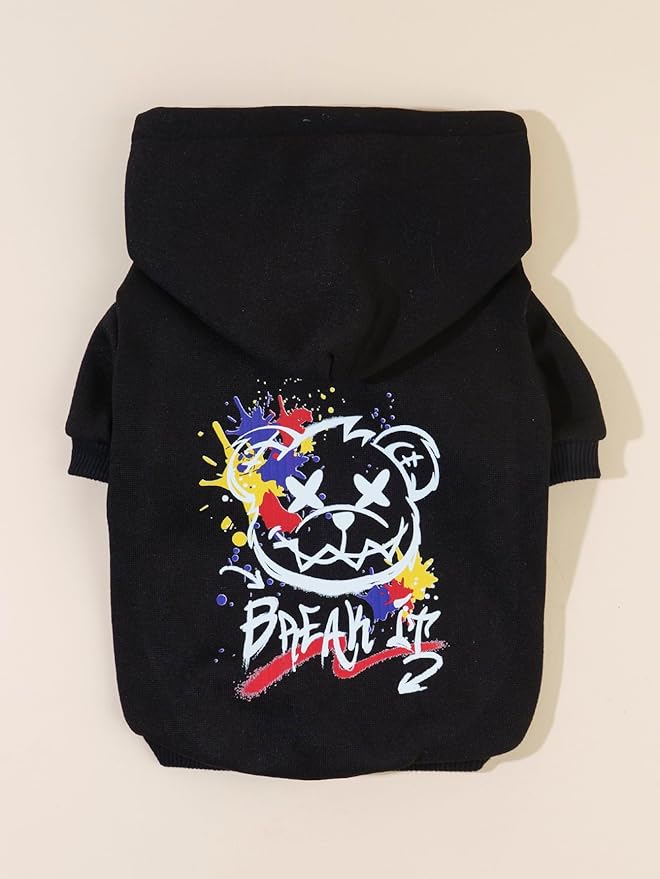 QWINEE Cartoon Bear Print Cat Hoodie Breathable Stretchy Sweatshirts with Hat Warm Cat Clothes for Small Medium Large Cats Dogs Multicolor M