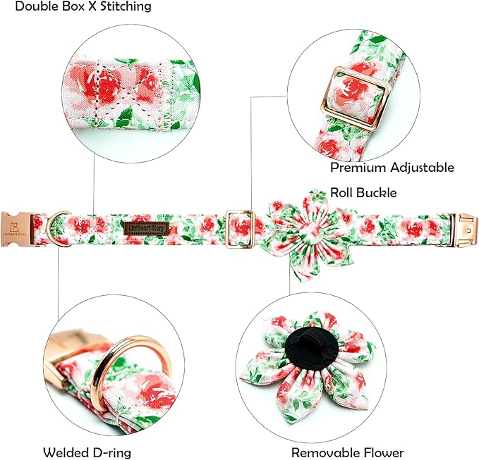 Lionheart glory Dog Collar Flowers Collar Floral Dog Collar with Flower Spring Summer Cute Collar Dog Boy or Girl Dog Collars Soft Durable Adjustable Dog Collars for Small Dogs, Red Roses