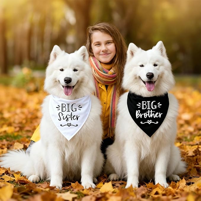 2 Pack Big Sister Big Brother Dog Bandanas, Adjustable Pet Bandana for Pregnancy Announcement, Soft Triangle Scarf for Small Medium Large Dogs, Puppy Sibling Reveal Accessories(Black&White)