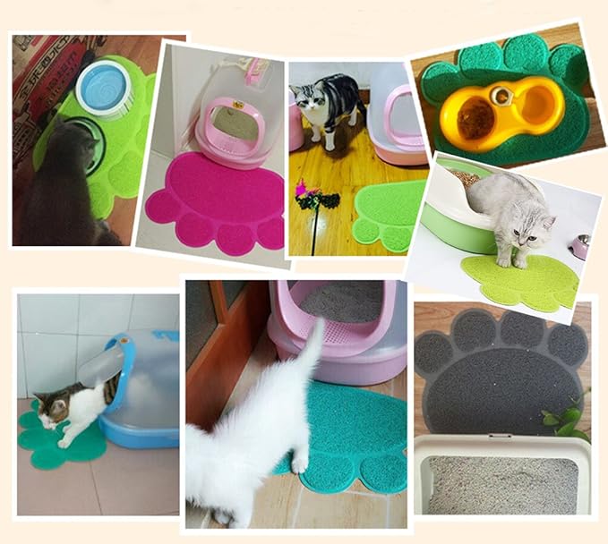 PVC Pet Dog Cat Puppy Kitten Dish Bowl Food Water Feeding Placemat, Non-Slip Cat Litter Mat Paw Shape, Green Small