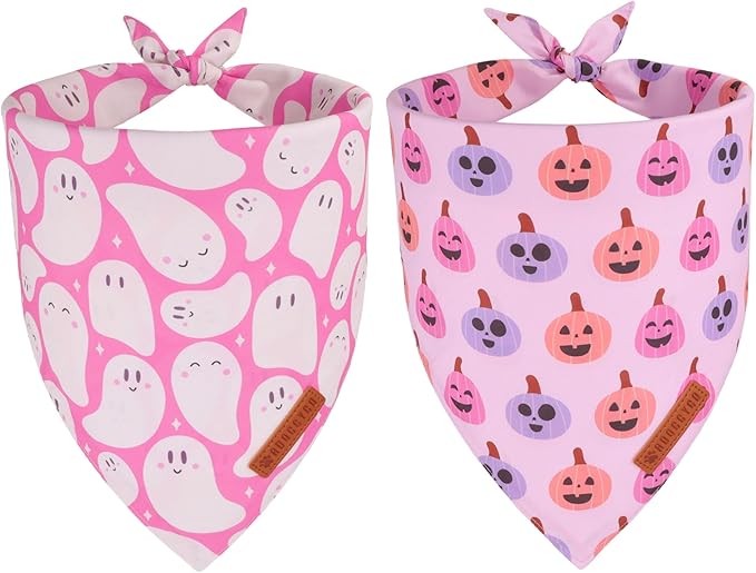 ADOGGYGO Pink Halloween Dog Bandanas 2 Pack, Reversible Ghost Pumpkin Scarf Bib, Adjustable Fit Pink Halloween Bandana for Extra Large Dogs Girl (X-Large)