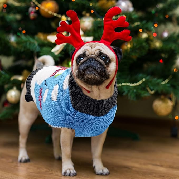 Pet Christmas Dog Sweaters Cute Animal Snowman Printed Puppy Xmas Costumes Winter Warm Turtleneck Jumpers Puppy Knitted Clothes Cat Outfits (XS, Blue Snowman)