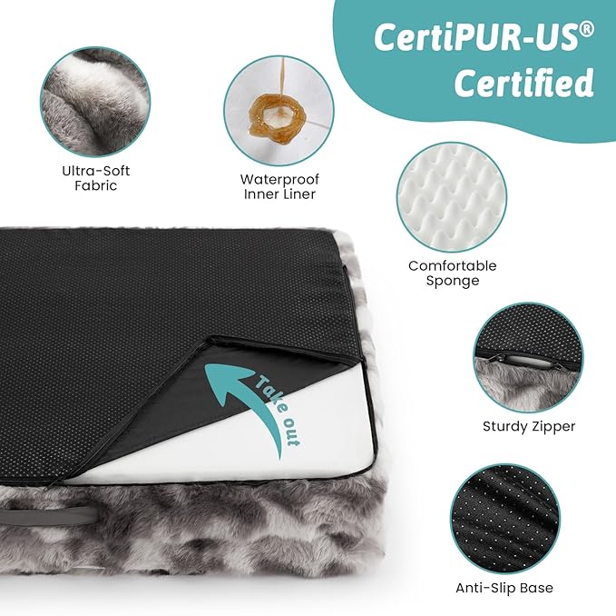 Faux Fur Orthopedic Dog Bed, Extra Large Dog Bed, Supportive Foam Pet Sofa with Waterproof Lining Cover, Washable U-Shaped Pet Couch with Anti-Slip Bottom Design, Tie-dye Grey XXL 48x32x8 inch