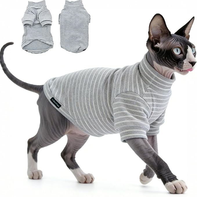 Fleece Sphynx Cat Clothes Soft Hairless Cat Clothes Pullover Cat Sweater for Chihuahua All Season Light and Warm Kitten Cloth for Cats Only Puppy Clothes Small Dog Sweater (Gray Striped, X-Large)