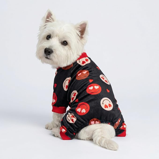 Fitwarm Hearts Eyes Smily Face Dog Pajamas, Cozy Valentines Outfit for Small Dogs Boy Girl, Festive Pet Clothes, Black, Red, Medium
