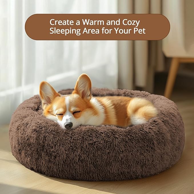 JOLLYVOGUE Calming Dog Bed Large Size Dog, Anti-Anxiety Donut Large Pet Bed, 36 inches Fluffy Faux Fur Round Cat Bed, Fits up to 75 lbs Pets (Coffee)