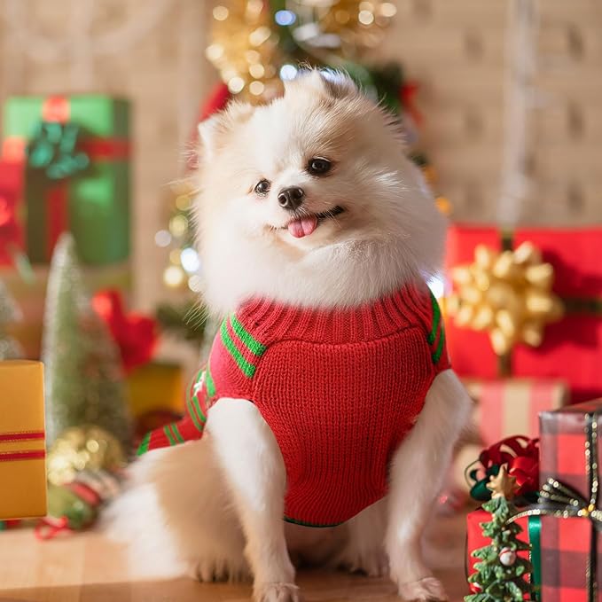 Dog Christmas Sweater Cute Snowman Puppy Cat Costume Boy Girls Xmas Holiday Pet Clothes New Year Outfits Gifts for Small Medium Large Dogs (S, Red Green Stripe Snowman)