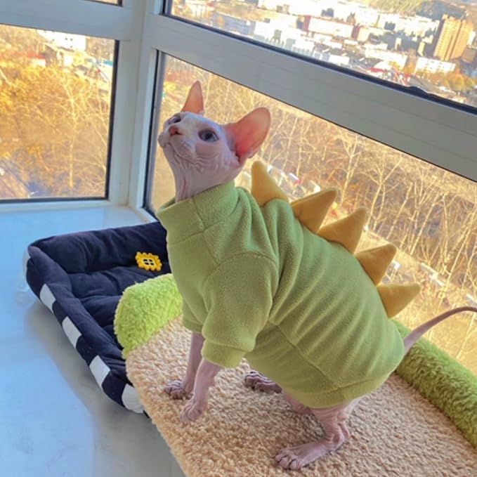 Dinosaur Sphynx Cat Clothes, Soft Polar Fleece Sweater for Cat, Elastic Pet Clothes Thick Winter Warm Outfit for Hairless Cat, Devon, Cornish, Small Dogs Apparel with Sleeves (Green, Small)