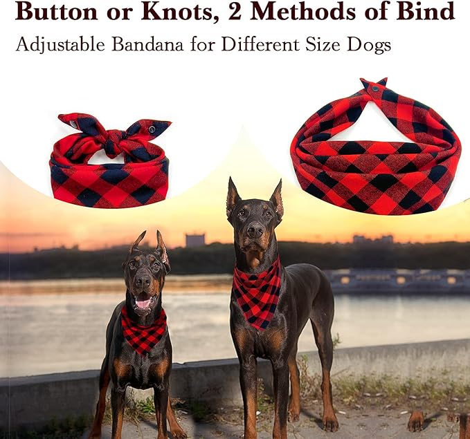 Christmas Plaid Dog Bandana with Button, Fall Dual Layer Soft Cotton Triangle Dog Scarf Kerchief Washable Girl Boy Dog Bandanas Adjustable Accessories for Small Medium Large Extra Large Dog Puppy Pet