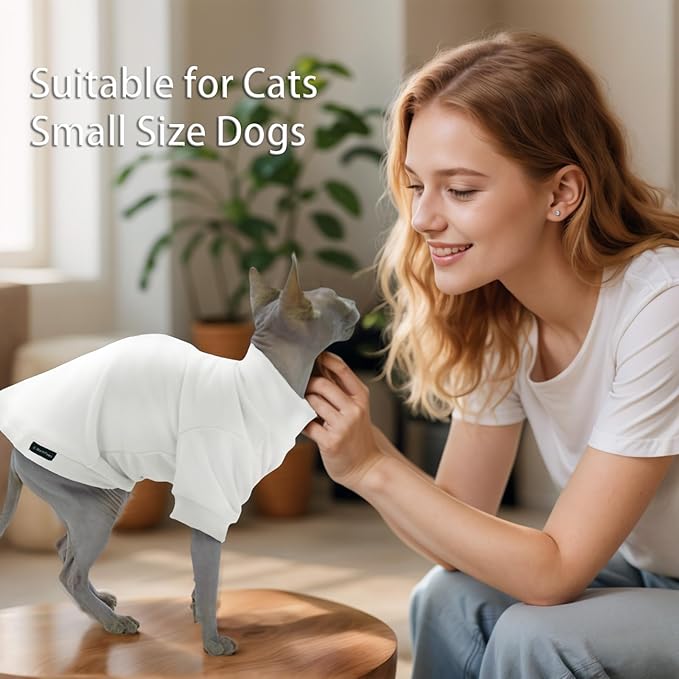 Fleece Sphynx Cat Clothes Soft Hairless Cat Clothes Pullover Cat Sweater for Chihuahua All Season Light and Warm Kitten Cloth for Cats Only Puppy Clothes Small Dog Sweater (White, Large)