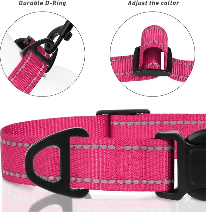 TagME Small Dog Collars, Adjustable Reflective Nylon Pet Collar with Quick Release Buckle for Small Dogs, Hot Pink, 5/8" Width