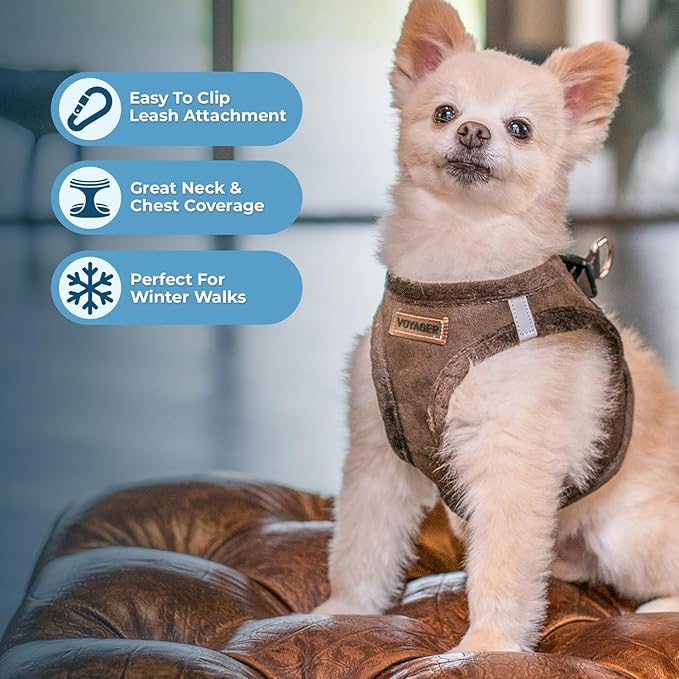 Best Pet Supplies - All Weather Plush, Reflective, No Pull Harness for Small, Medium Dogs, Cats - Secure with Hook & Loop Fastener, Buckle, Double D-Rings - Chocolate Suede, XS