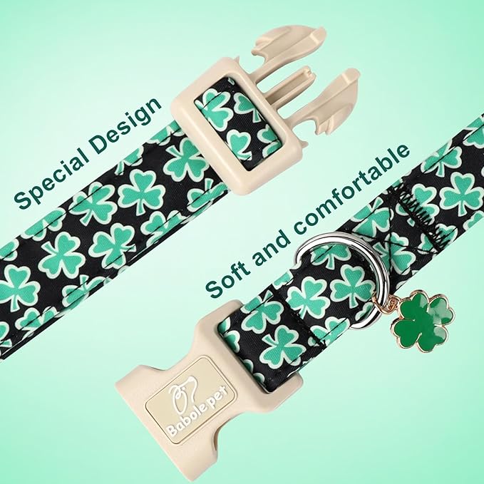 St Patricks Day Dog Collar for Small Dogs - Green Lucky Shamrock Boy Dog Collars, Irish Clover Pattern Black Male Puppy Collar with Quick Release Buckle XS