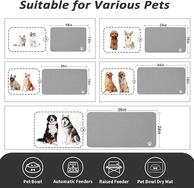 Dog Food Mat - Absorbent Cat Mat for Food and Water, No Stains Pet Feeding Bowl Mat, Easy to Clean Pet Placemats, Quick Dry Dog Water Dispenser Mat for Messy Drinkers | Paw Grey 18"x 28"