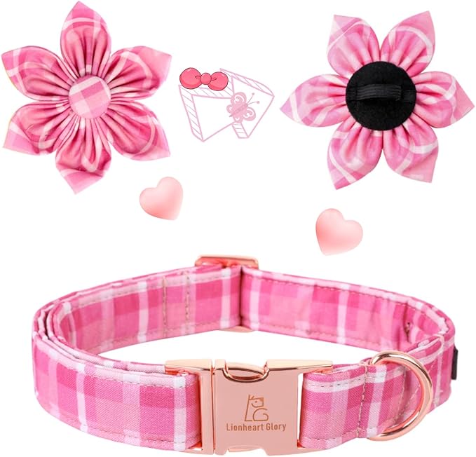 Lionheart Glory Dog Collar, Pink Dog Collar with Flower, Cute Floral Pattern Pet Collar Adjustable Pet Collar for Medium Dogs