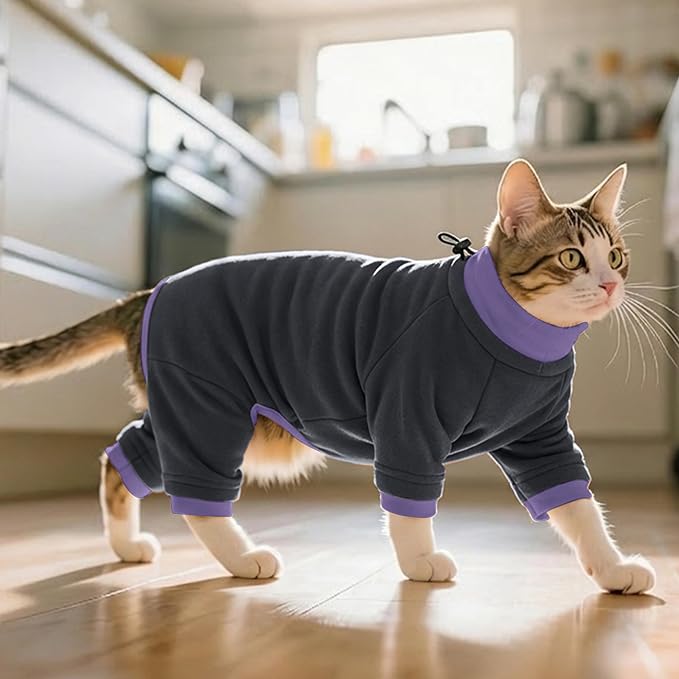 PUMYPOREITY Sticky Hair Cat Clothes, Prevent Hair Loss Cat Pajamas, Soft Cat Sweaters for Cats Only, Cat Hair Sticky Onesie, Cat Recovery Suit After Surgery, Black, L