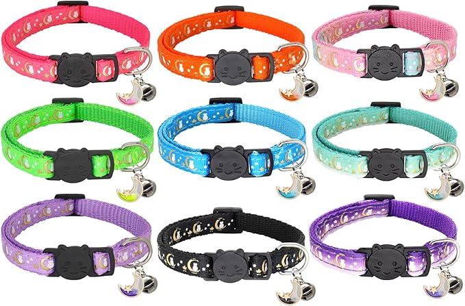 2 Pack Breakaway Cat Collar with Bells, Adjustable Moon and Star Kitten Safety Collars for Boys & Girls, Black+Hotpink