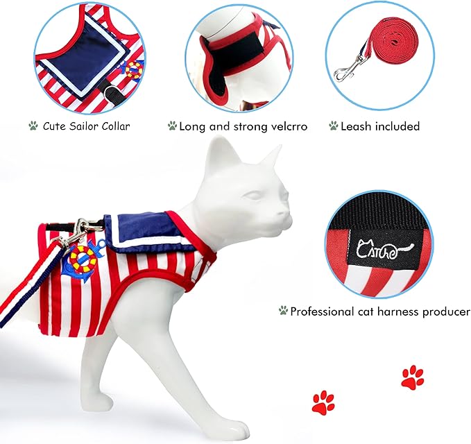 Cat Harness and Leash for Walking Escape Proof, Adjustable Cat Vest Harness, Padded Stylish Cat Walking Jackets, Sailor Suit Red, Small