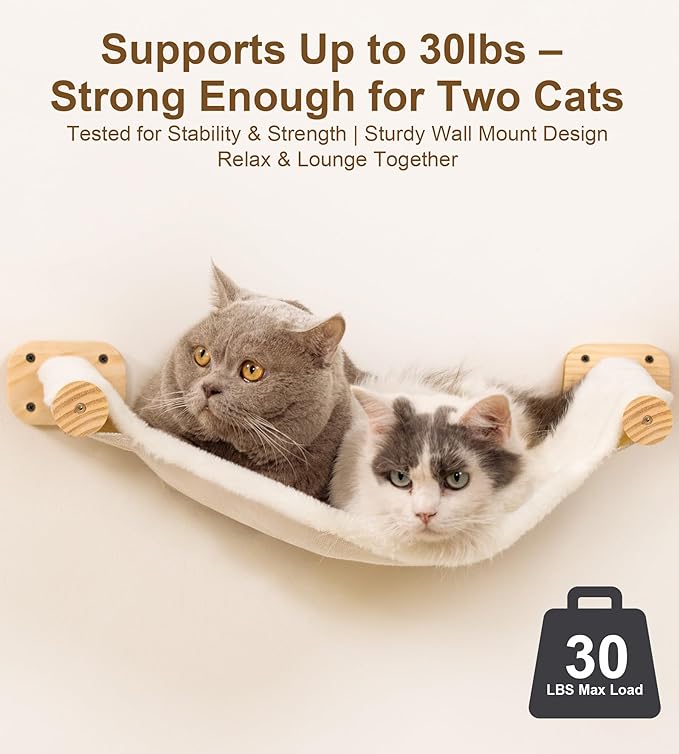 Cat Wall Hammock Set of 3, Wall Shelves with 1 Floating Fabric Hammock, 2 Cat Ladders with 4 Steps Each, Wall Mounted Bed Furniture & Climber for Large Cats