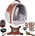 Bearded Dragon Carrier Backpack with Two Security Printing Harness with Leash Sets, Reptile Lizard Travel Bag to Carry and Transport Small Animal Kitten Bunny Guinea Pig to Vet(Brown, PU Leather)