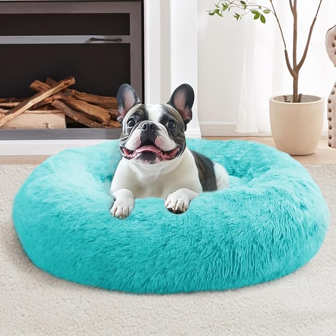 JOLLYVOGUE Calming Dog Bed Medium Size Dog, Anti-Anxiety Donut Medium Pet Bed, 27 inches Fluffy Faux Fur Round Cat Bed (Aqua Blue)