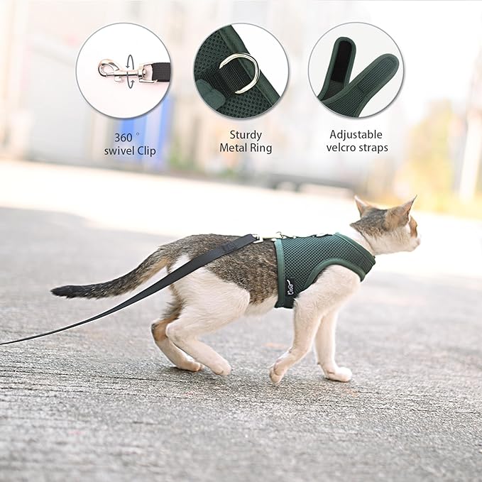 Kitty Harness and Leash for Walking Escape Proof Breathable Mesh Fabric, Solid Green, Small, Adjustable Cat Walking Jackets, Padded Stylish Cat Vest