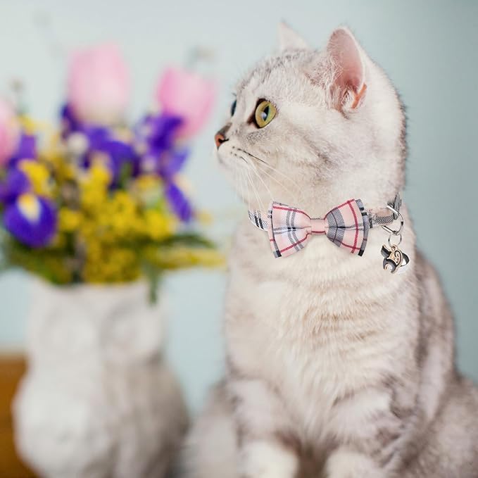 SCENEREAL Plaid Cat Collar with Bow Bandana - 2 Pack Breakaway Kitten Collar with Removable Bowtie Bell, Adjustable Cute Cat Collar for Cats Kittens, Beige