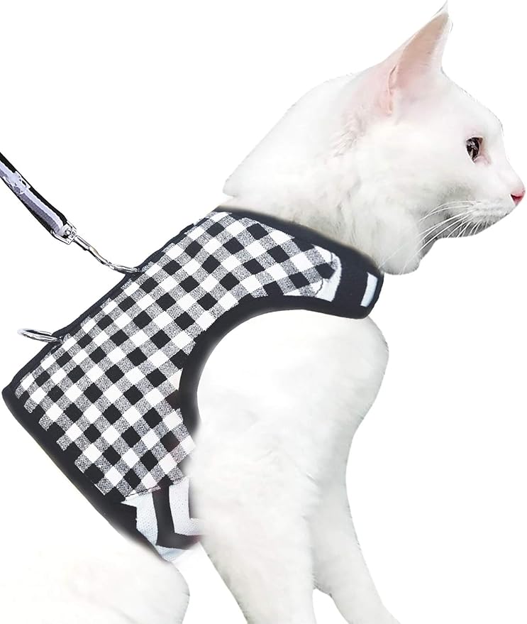 Cat Harness and Leash for Walking Escape Proof, Adjustable Cat Vest Harness, Padded Stylish Cat Walking Jackets, Black Plaid, Medium