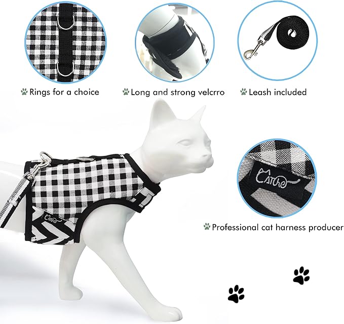 Cat Harness and Leash for Walking Escape Proof, Adjustable Cat Vest Harness, Padded Stylish Cat Walking Jackets, Black Plaid, XX-Large