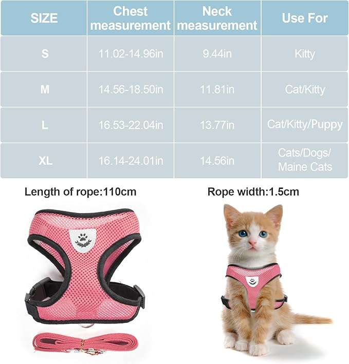 shudyear Summer cat Chest Harness and Leash, Anti-Escape Adjustable Soft mesh cat Leash and Chest Harness Set for All Types of Cats cat Vests (Size XL,Pink)