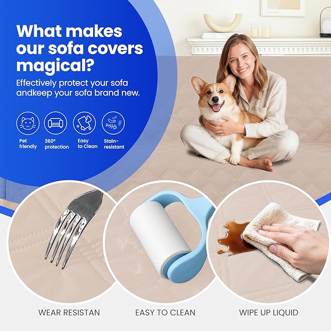 Waterproof Dog Bed Cover, Non-Slip Dog Blanket for Couch, Couch Covers for Dogs Washable, Pet Blanket for Furniture, Pet Bed Mat for Sofa, Car, Pet Supplies (82x82 Inch, Beige)