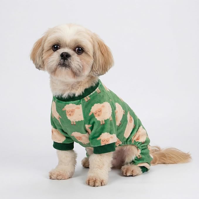 Fitwarm Funny Sheep Dog Pajamas, Warm Winter Dog Clothes for Small Dogs Boy Girl, Cozy Pet Onesie with Feet, Green, White, XS