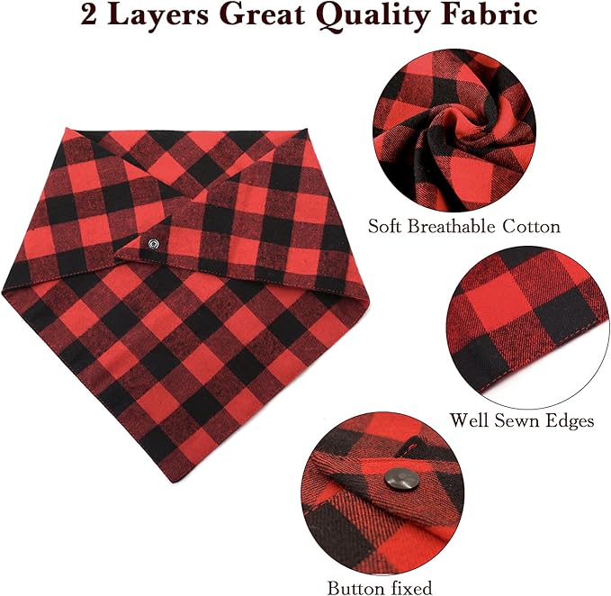 Christmas Plaid Dog Bandana with Button, Fall Dual Layer Scarf Soft Cotton Triangle Bib Girls and Boys Kerchief Adjustable Accessories for Small Medium Large Extra Large Dog Puppy Pet Cat